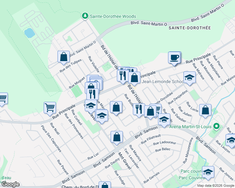 map of restaurants, bars, coffee shops, grocery stores, and more near 959 Rue Francis in Laval