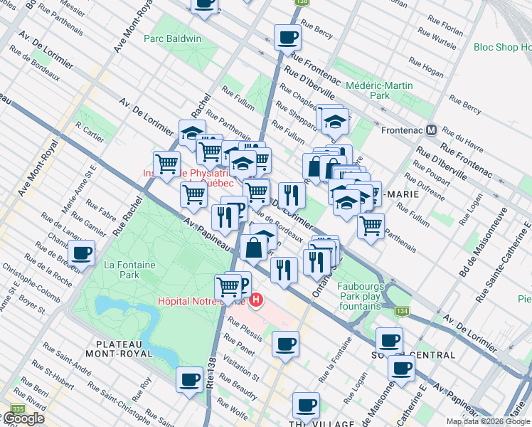 map of restaurants, bars, coffee shops, grocery stores, and more near 2379 Rue de Bordeaux in Montréal