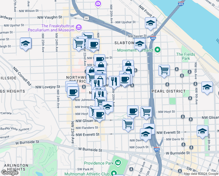 map of restaurants, bars, coffee shops, grocery stores, and more near 2012 Northwest Lovejoy Street in Portland