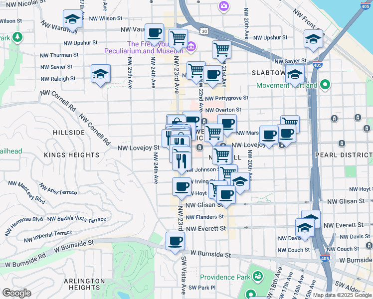 map of restaurants, bars, coffee shops, grocery stores, and more near 2280 Northwest Lovejoy Street in Portland
