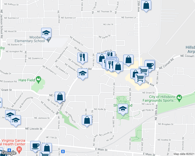 map of restaurants, bars, coffee shops, grocery stores, and more near 1778 Northeast Hillaire Court in Hillsboro
