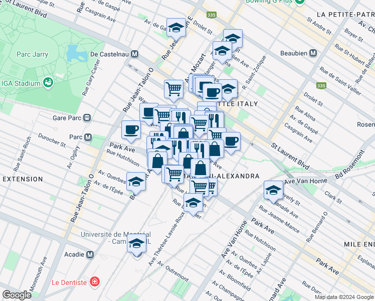 map of restaurants, bars, coffee shops, grocery stores, and more near 6750 Avenue de l'Esplanade in Montreal