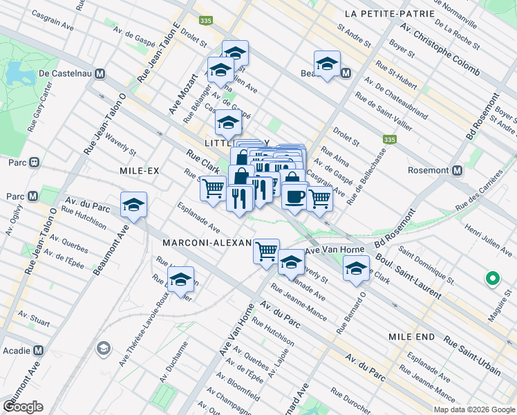 map of restaurants, bars, coffee shops, grocery stores, and more near 90 Rue Beaubien Ouest in Montréal