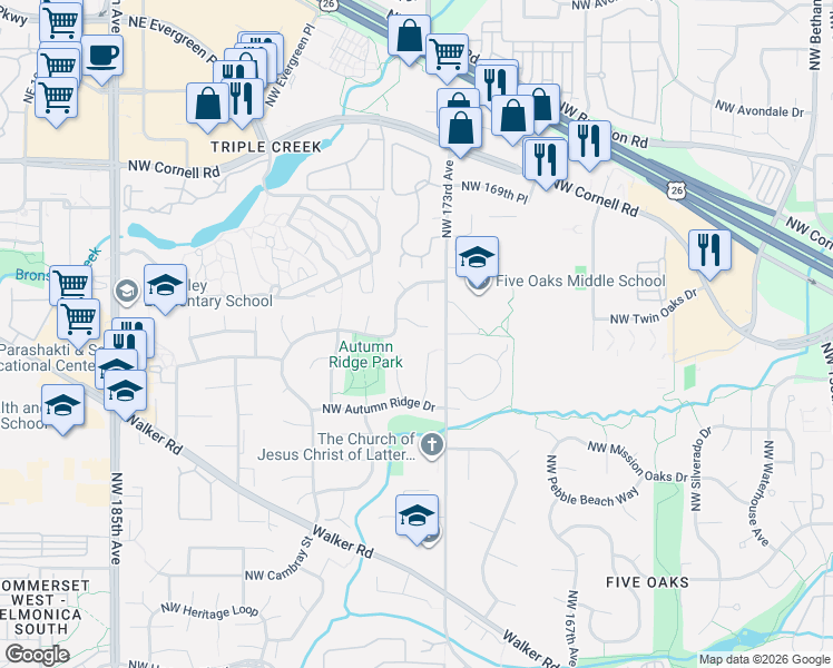 map of restaurants, bars, coffee shops, grocery stores, and more near 17422 Northwest Brickstone Court in Beaverton