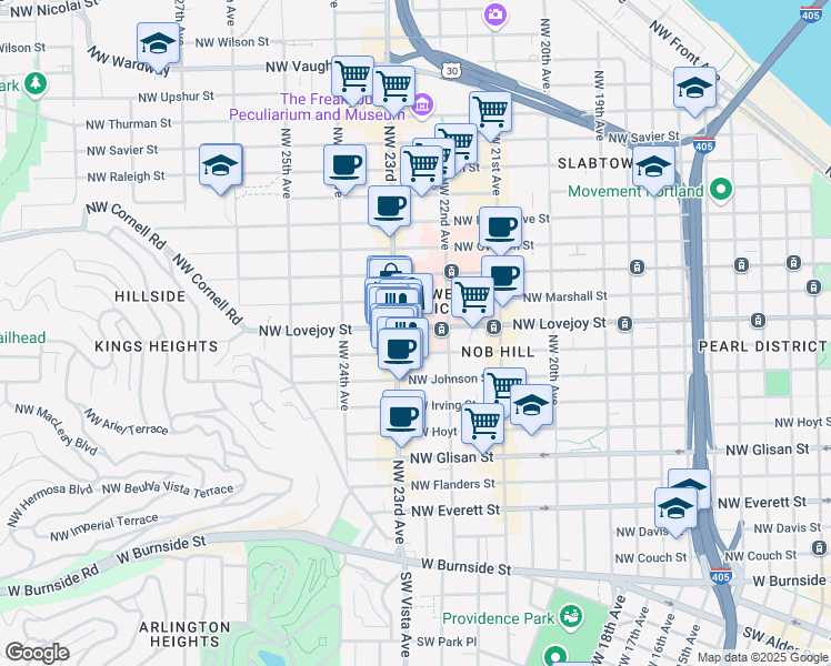 map of restaurants, bars, coffee shops, grocery stores, and more near 2240 Northwest Lovejoy Street in Portland