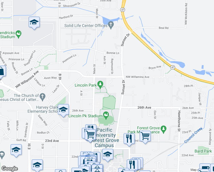 map of restaurants, bars, coffee shops, grocery stores, and more near 2806 Raymond Street in Forest Grove