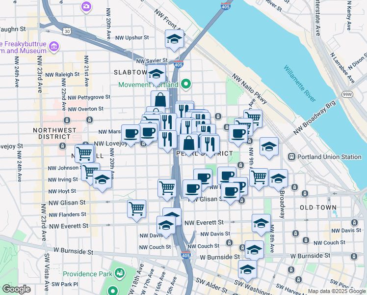 map of restaurants, bars, coffee shops, grocery stores, and more near 1420 Northwest Lovejoy Street in Portland