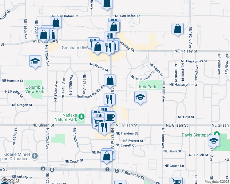 map of restaurants, bars, coffee shops, grocery stores, and more near 18126 Northeast Pacific Court in Portland