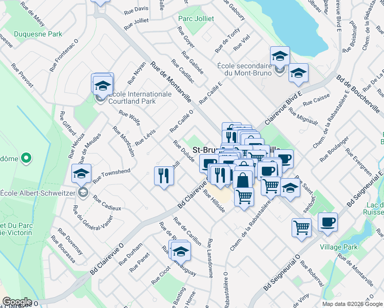 map of restaurants, bars, coffee shops, grocery stores, and more near 85 Rue Guilbert in Saint-Bruno-de-Montarville