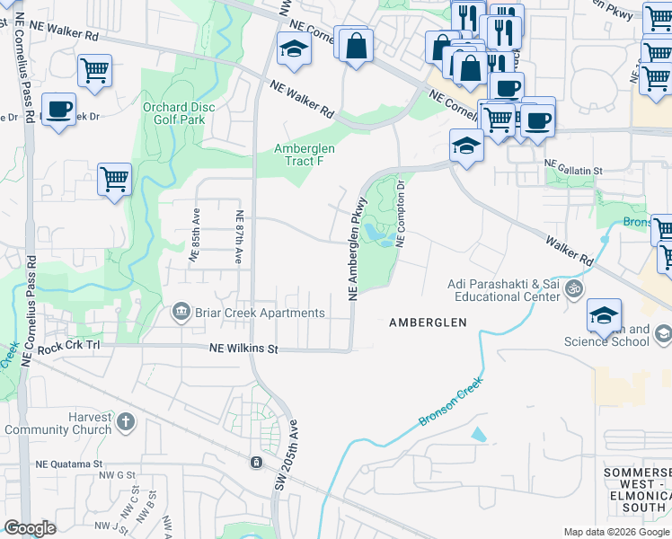 map of restaurants, bars, coffee shops, grocery stores, and more near 1601-1645 NW Amberglen Pkwy in Hillsboro
