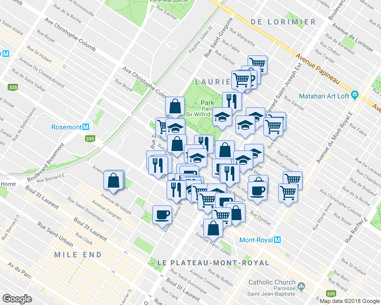 map of restaurants, bars, coffee shops, grocery stores, and more near 5185 Rue Saint-Hubert in Montréal