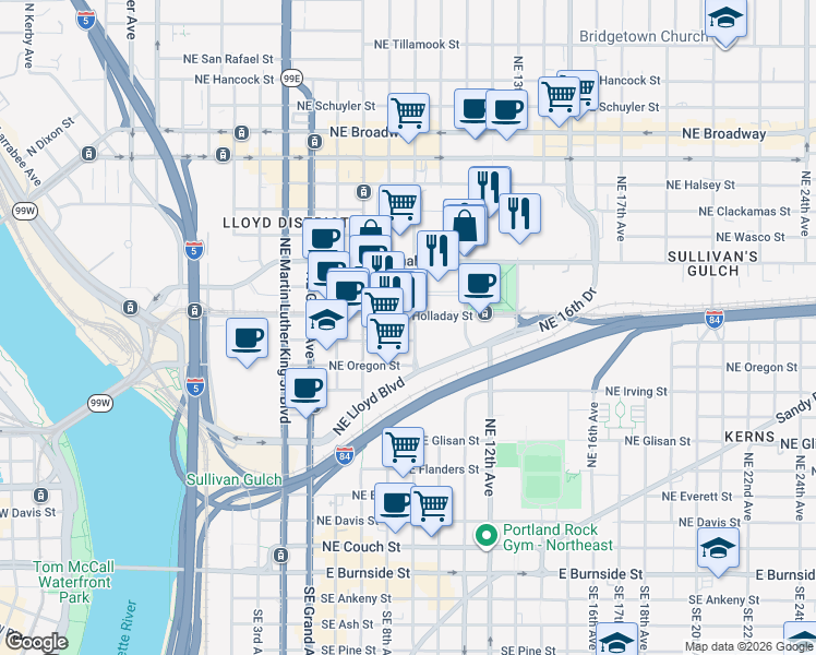 map of restaurants, bars, coffee shops, grocery stores, and more near 800-830 Northeast Holladay Street in Portland