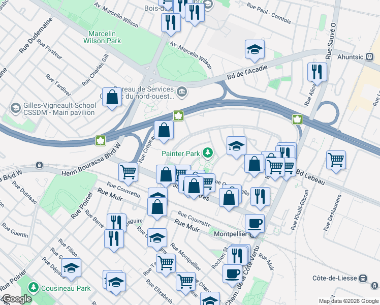 map of restaurants, bars, coffee shops, grocery stores, and more near 258 Rue Varry in Montréal