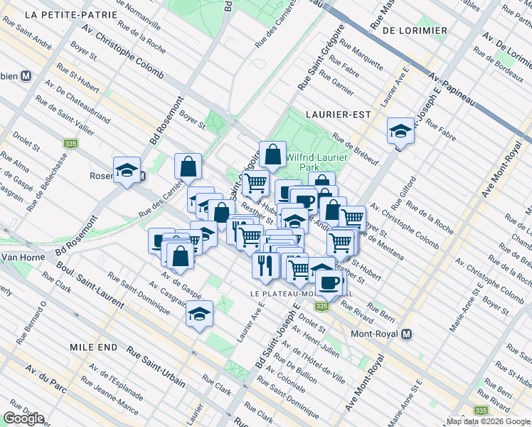map of restaurants, bars, coffee shops, grocery stores, and more near 5252 Rue Saint-Hubert in Montréal
