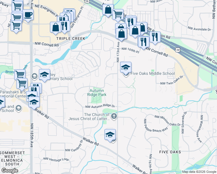 map of restaurants, bars, coffee shops, grocery stores, and more near 17422 Northwest Brickstone Court in Beaverton