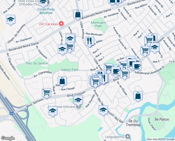 map of restaurants, bars, coffee shops, grocery stores, and more near 4e Rue in Laval