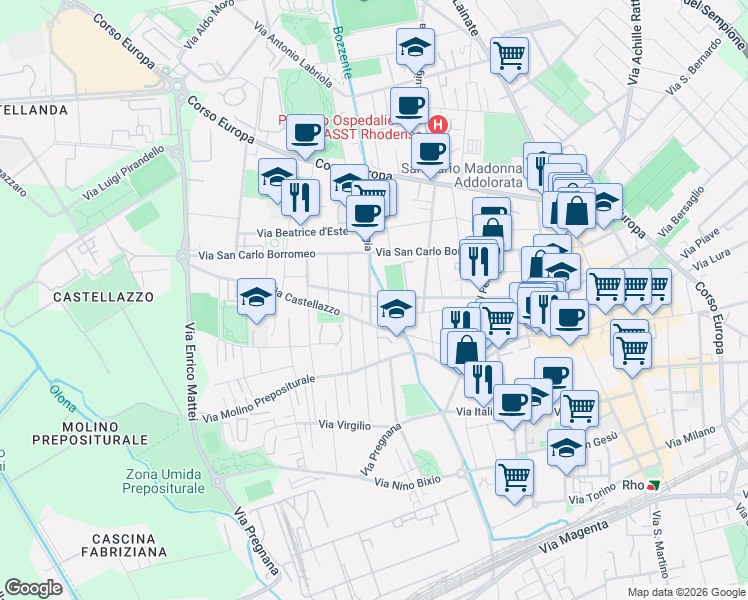 map of restaurants, bars, coffee shops, grocery stores, and more near 14 Via Cornaggia in Rho