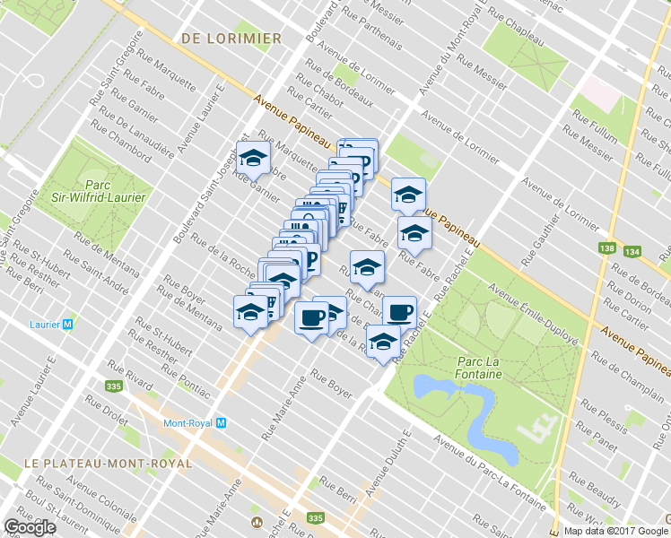map of restaurants, bars, coffee shops, grocery stores, and more near 4412 Rue de Lanaudière in Montréal