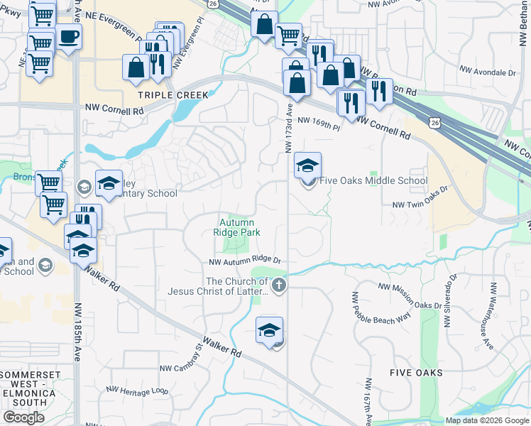 map of restaurants, bars, coffee shops, grocery stores, and more near 17422 Northwest Brickstone Court in Beaverton
