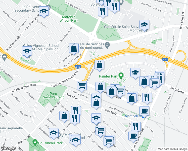 map of restaurants, bars, coffee shops, grocery stores, and more near 384 Rue Crépeau in Montréal