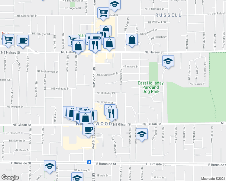 map of restaurants, bars, coffee shops, grocery stores, and more near 12431 Northeast Holladay Place in Portland