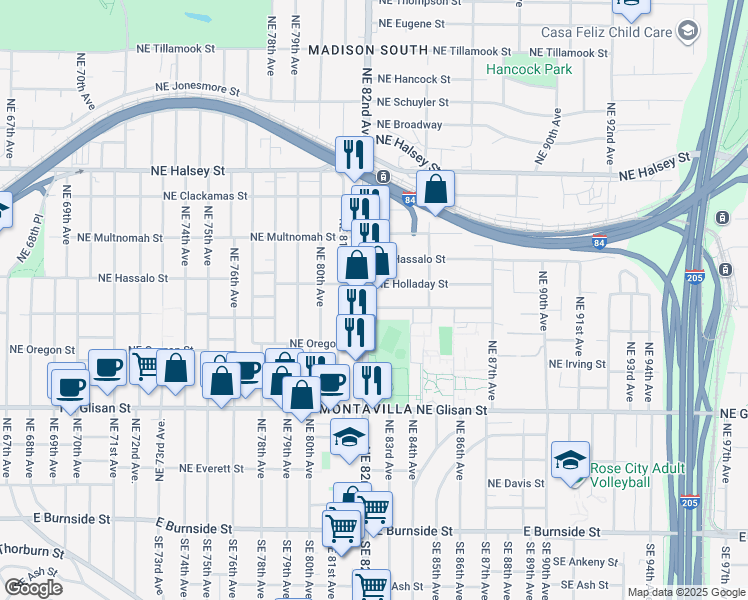 map of restaurants, bars, coffee shops, grocery stores, and more near 8221 Northeast Pacific Street in Portland