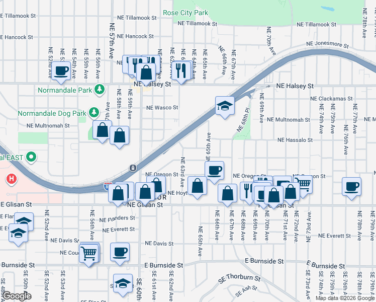 map of restaurants, bars, coffee shops, grocery stores, and more near 6335 Northeast Pacific Street in Portland