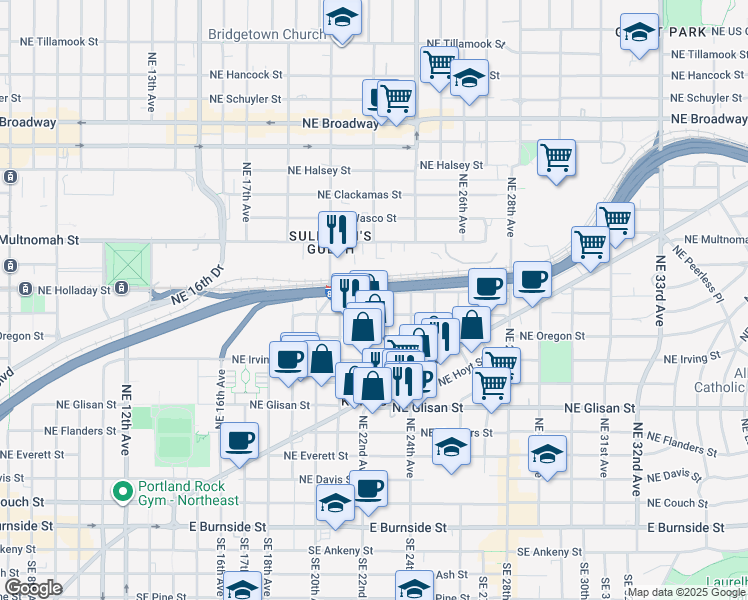 map of restaurants, bars, coffee shops, grocery stores, and more near 2211 Northeast Pacific Street in Portland