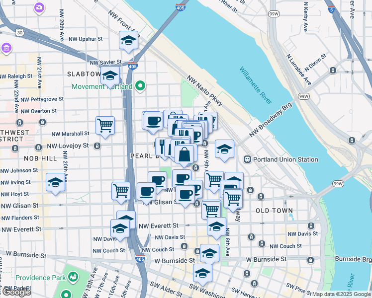 map of restaurants, bars, coffee shops, grocery stores, and more near in Portland
