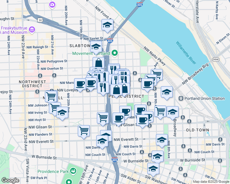 map of restaurants, bars, coffee shops, grocery stores, and more near 1599 Northwest Kearney Street in Portland