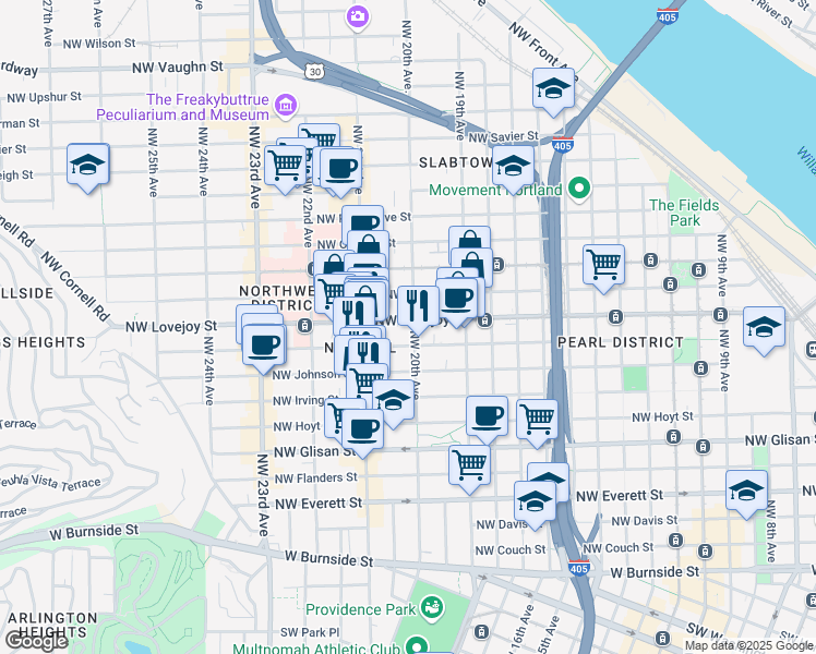 map of restaurants, bars, coffee shops, grocery stores, and more near 905 Northwest 20th Avenue in Portland