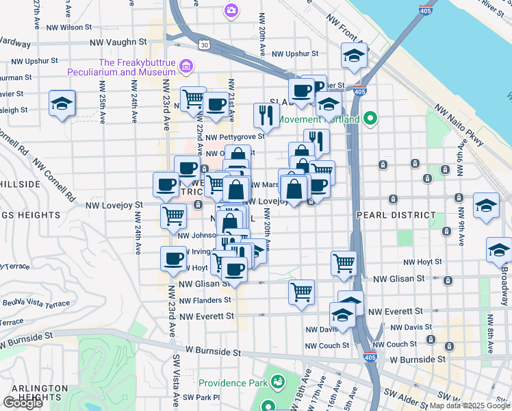 map of restaurants, bars, coffee shops, grocery stores, and more near in Portland