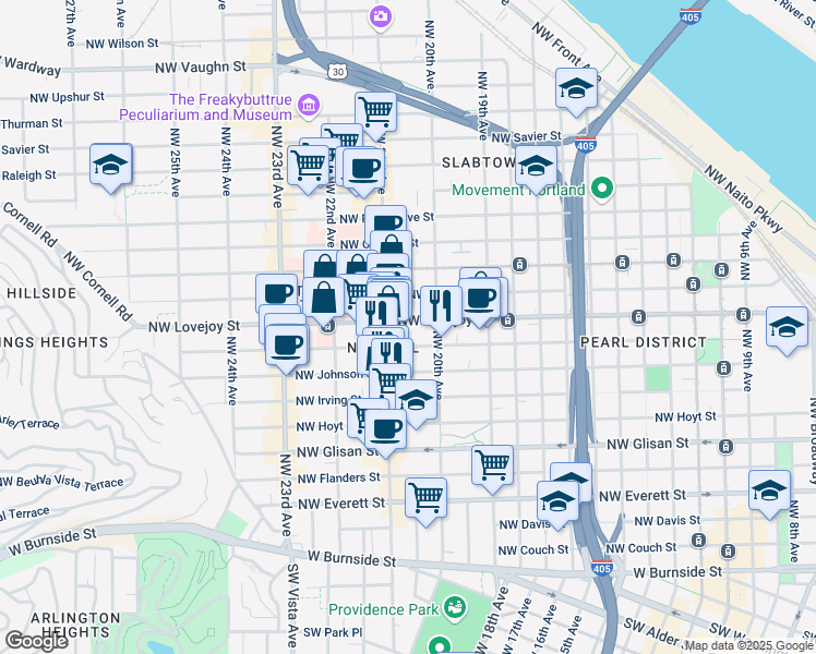 map of restaurants, bars, coffee shops, grocery stores, and more near in Portland