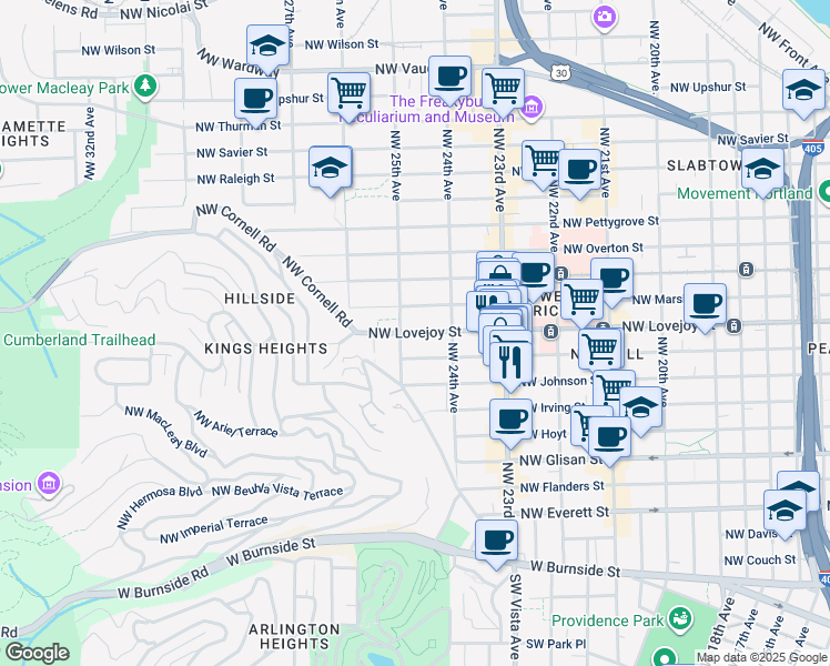map of restaurants, bars, coffee shops, grocery stores, and more near 2424 Northwest Lovejoy Street in Portland