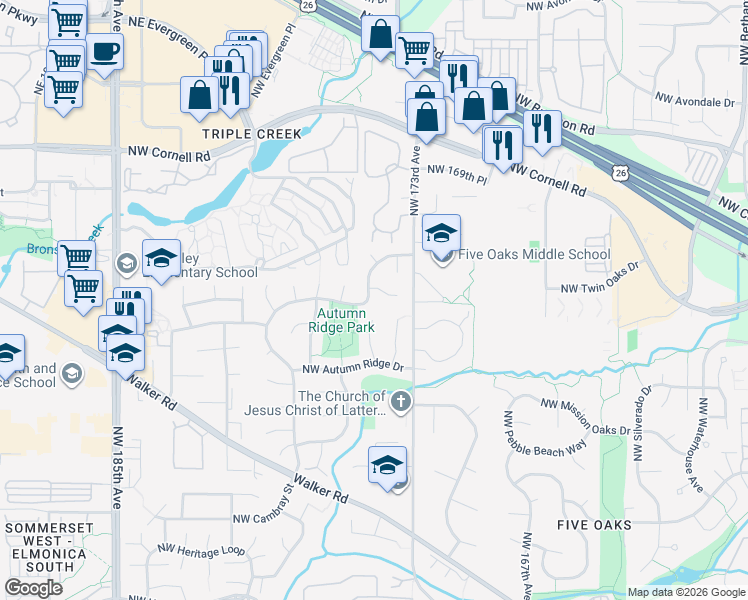 map of restaurants, bars, coffee shops, grocery stores, and more near 17422 Northwest Brickstone Court in Beaverton