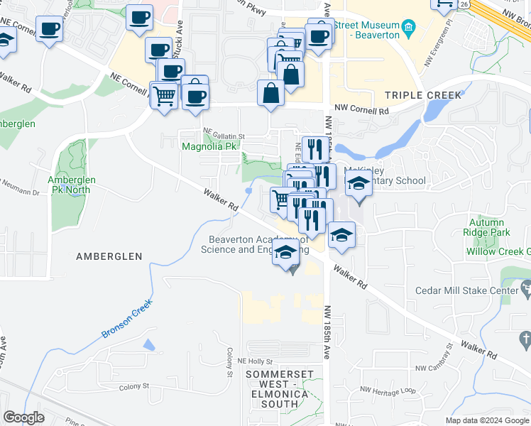 map of restaurants, bars, coffee shops, grocery stores, and more near 1314 Northeast 105th Way in Beaverton