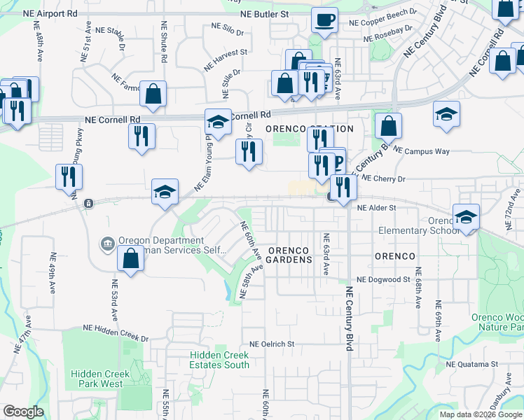 map of restaurants, bars, coffee shops, grocery stores, and more near 6011 Northeast Maidstone Street in Hillsboro