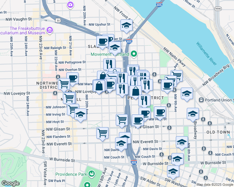 map of restaurants, bars, coffee shops, grocery stores, and more near 920 Northwest 17th Avenue in Portland
