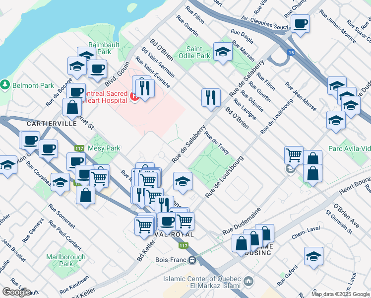 map of restaurants, bars, coffee shops, grocery stores, and more near 5500 Salaberry Street in Montreal