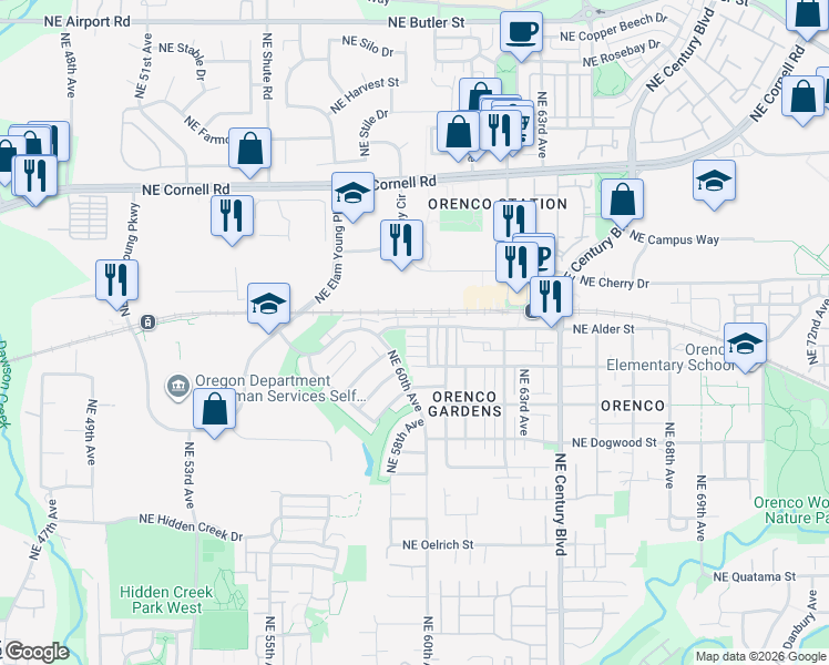 map of restaurants, bars, coffee shops, grocery stores, and more near 6011 Northeast Maidstone Street in Hillsboro