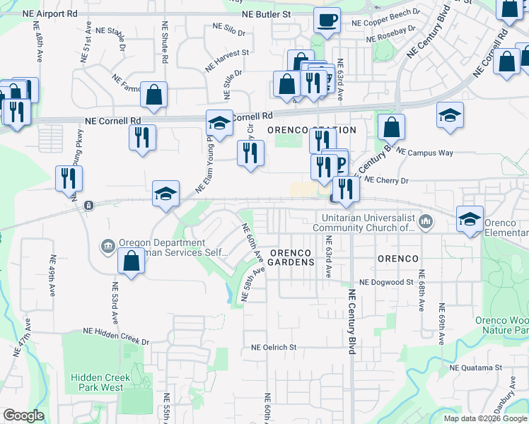map of restaurants, bars, coffee shops, grocery stores, and more near 6011 Northeast Maidstone Street in Hillsboro
