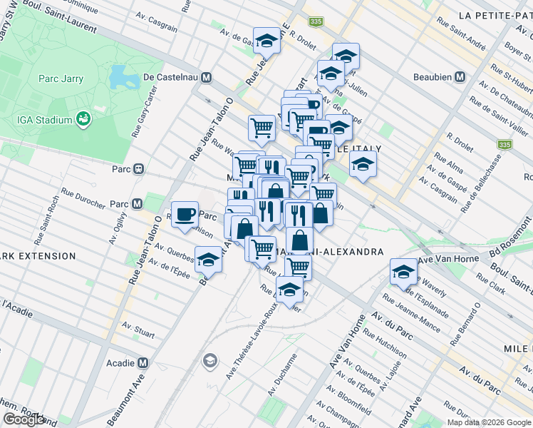 map of restaurants, bars, coffee shops, grocery stores, and more near 6750 Avenue de l'Esplanade in Montréal