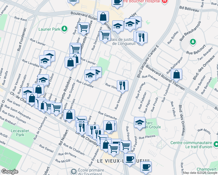 map of restaurants, bars, coffee shops, grocery stores, and more near 2486 Rue Vimont in Longueuil
