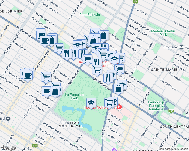 map of restaurants, bars, coffee shops, grocery stores, and more near 3655 Avenue Papineau in Montréal