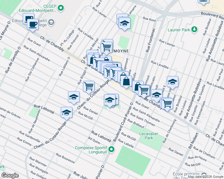 map of restaurants, bars, coffee shops, grocery stores, and more near 1570 Rue Grant in Longueuil