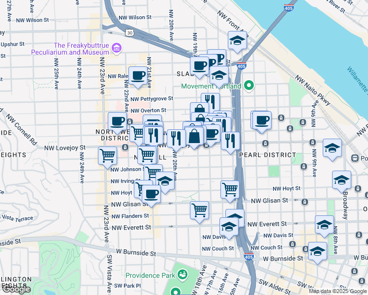 map of restaurants, bars, coffee shops, grocery stores, and more near 1960 Northwest Lovejoy Street in Portland