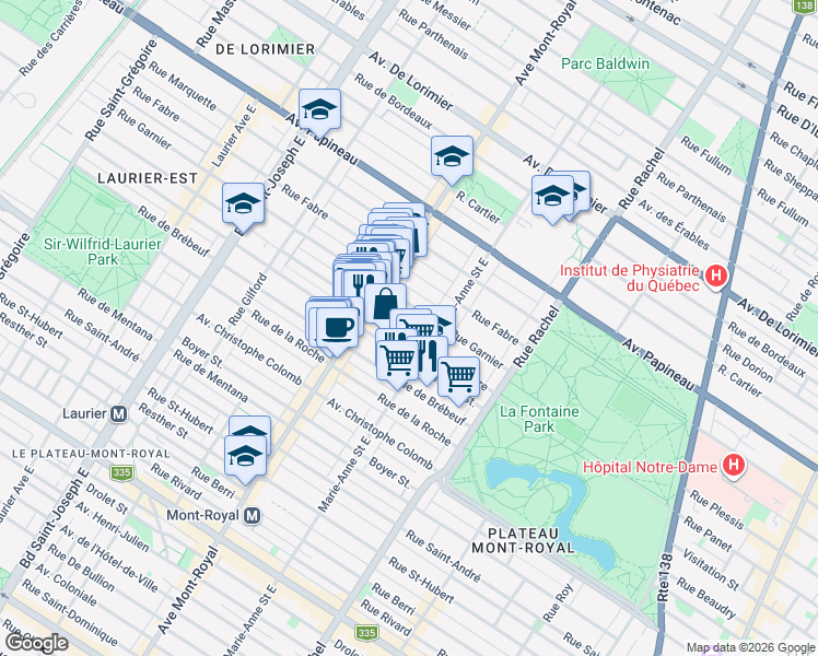 map of restaurants, bars, coffee shops, grocery stores, and more near 4385 Rue de Lanaudière in Montréal