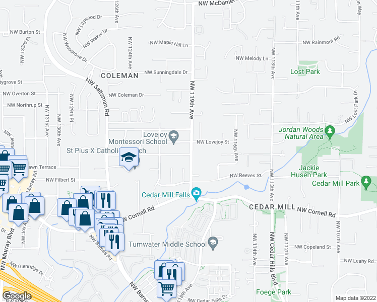 map of restaurants, bars, coffee shops, grocery stores, and more near 11935 Northwest Kearney Street in Portland