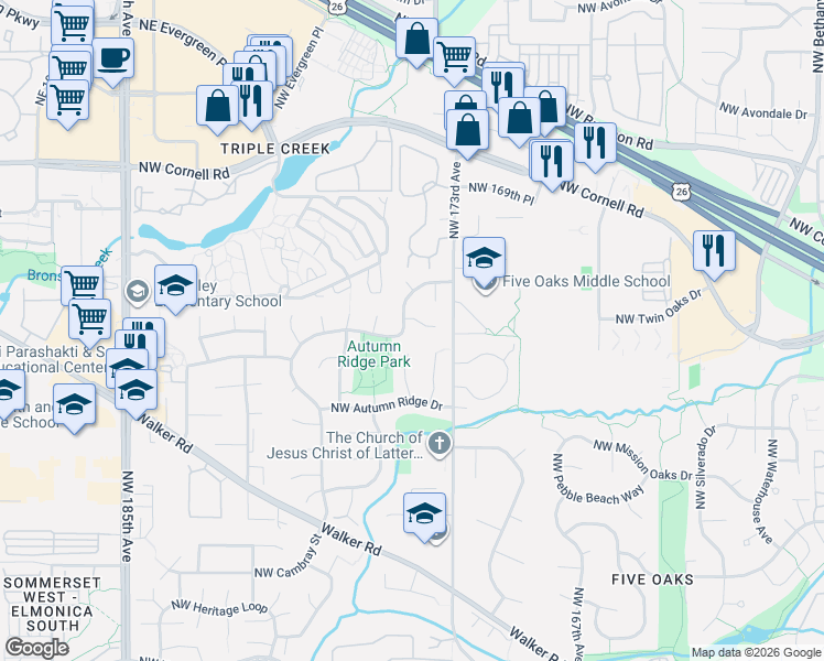 map of restaurants, bars, coffee shops, grocery stores, and more near 17512 Northwest Fieldstone Drive in Beaverton