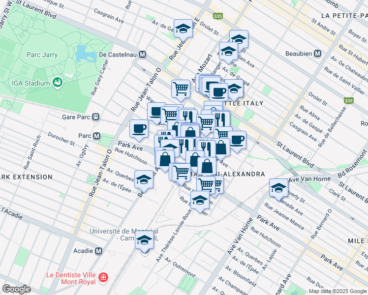 map of restaurants, bars, coffee shops, grocery stores, and more near 215 Rue Saint-Zotique Ouest in Montréal